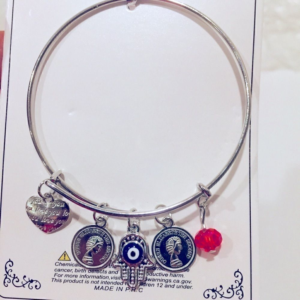“The Love Bracelet” Hamsa Hand Evil Eye Silver Tone Coins Charm Bracelet